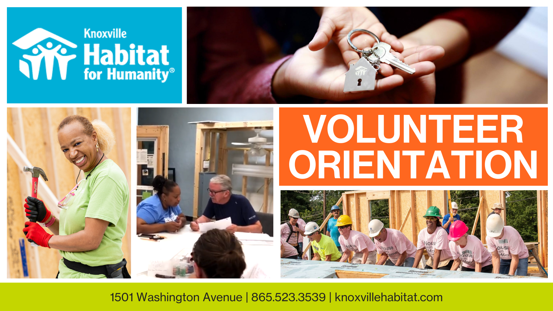 Knoxville Habitat Volunteer Orientation banner. Shows different photos of volunteers in action, doing construction and administrative work.